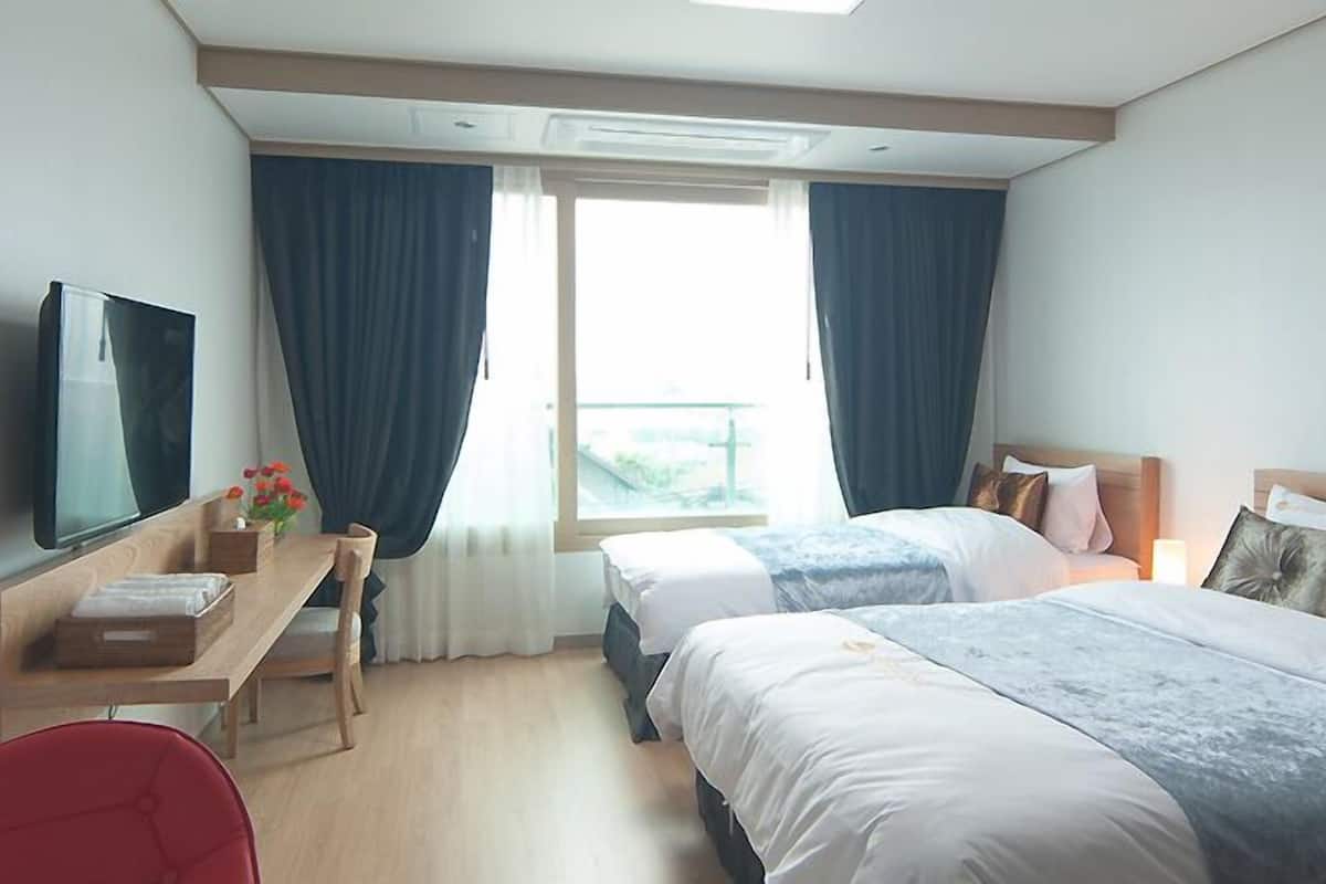 Desk, blackout curtains, soundproofing, iron/ironing board