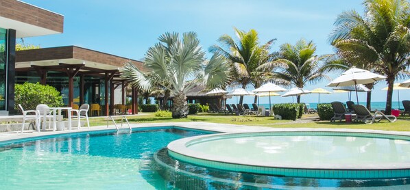 Outdoor pool, pool umbrellas, pool loungers