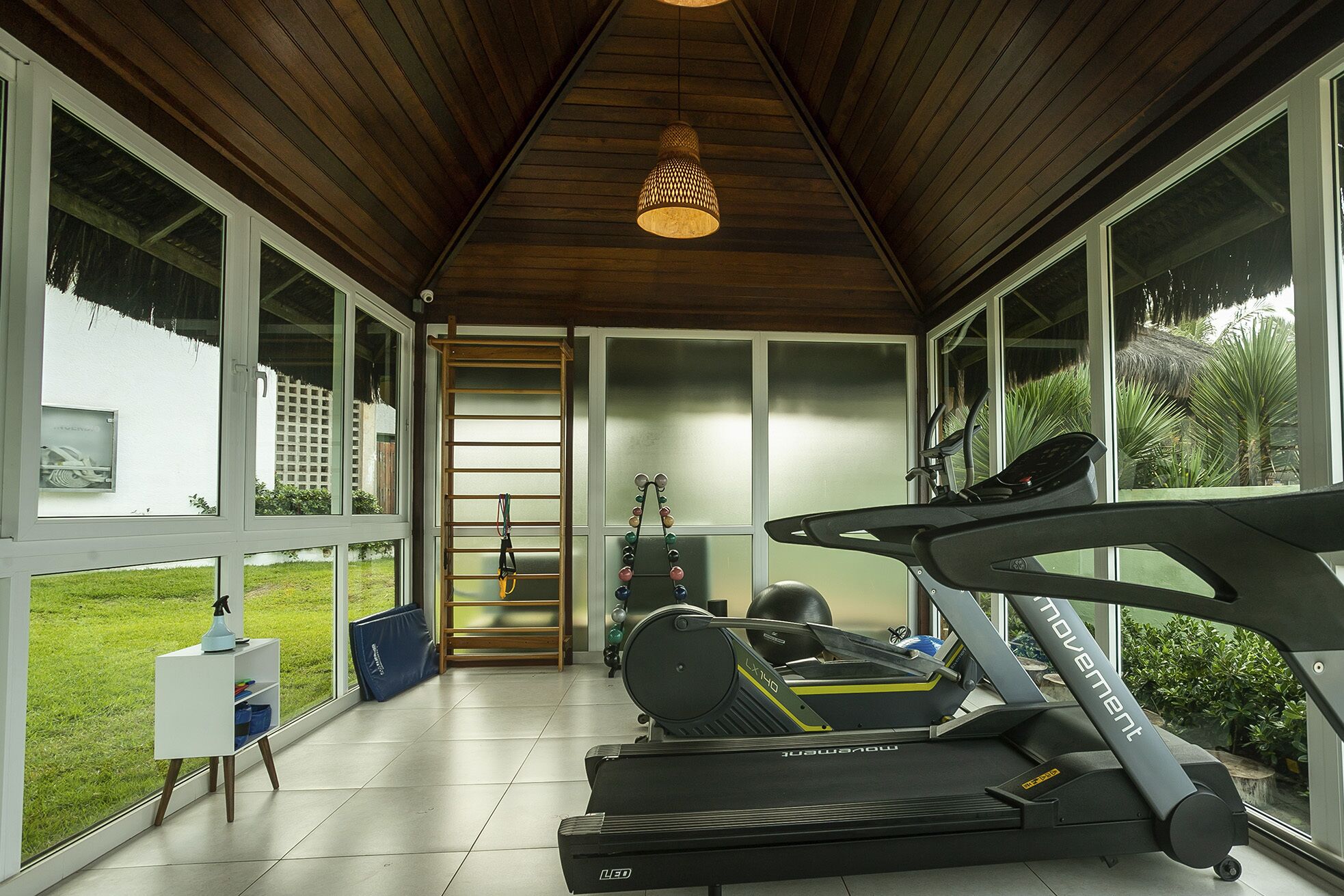 Ein Heim-Fitnessraum mit Laufband, Ergometer und Klimmzugstange.