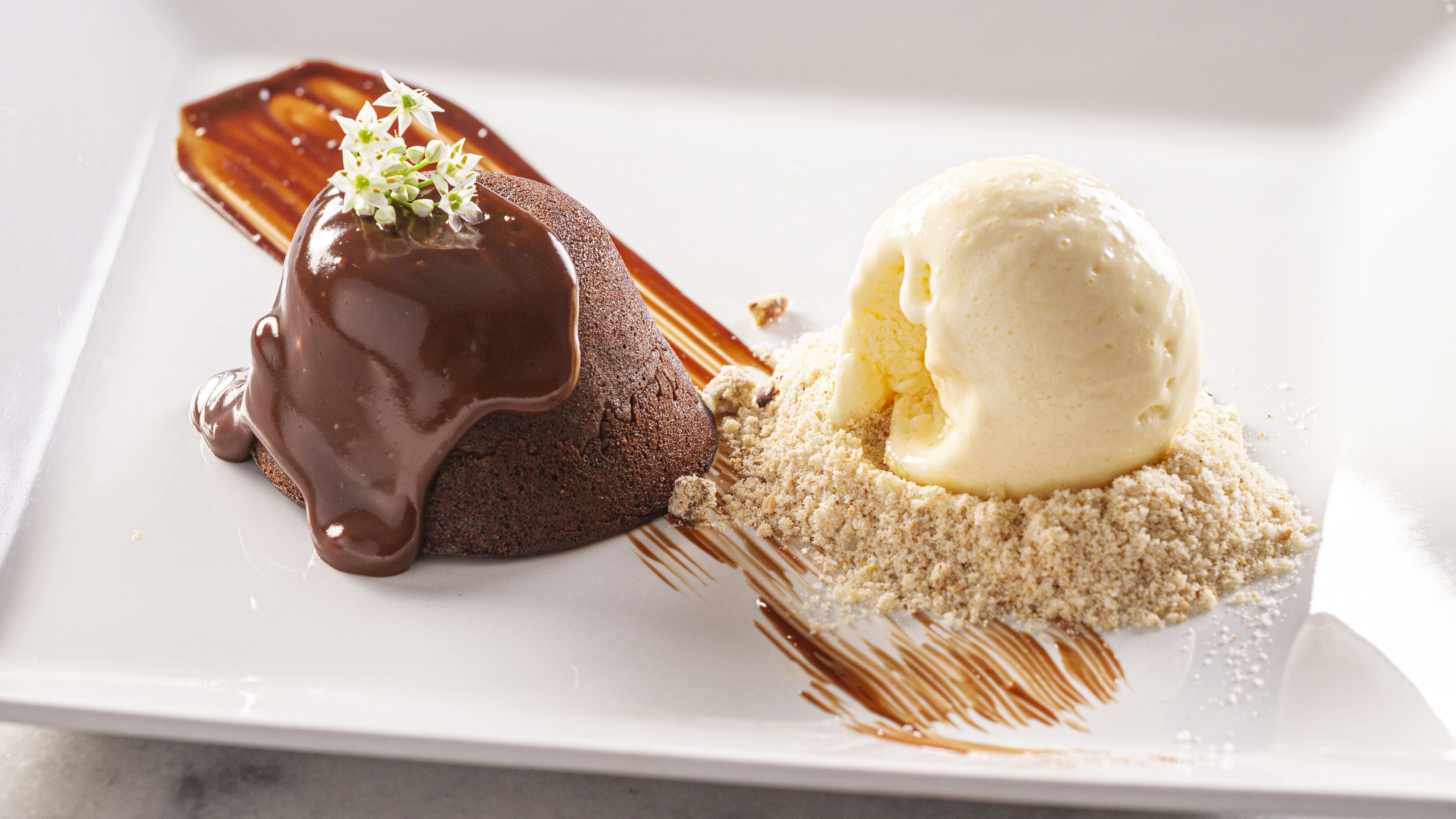 A dessert plate with a chocolate lava cake, vanilla ice cream, and a crumbly topping.