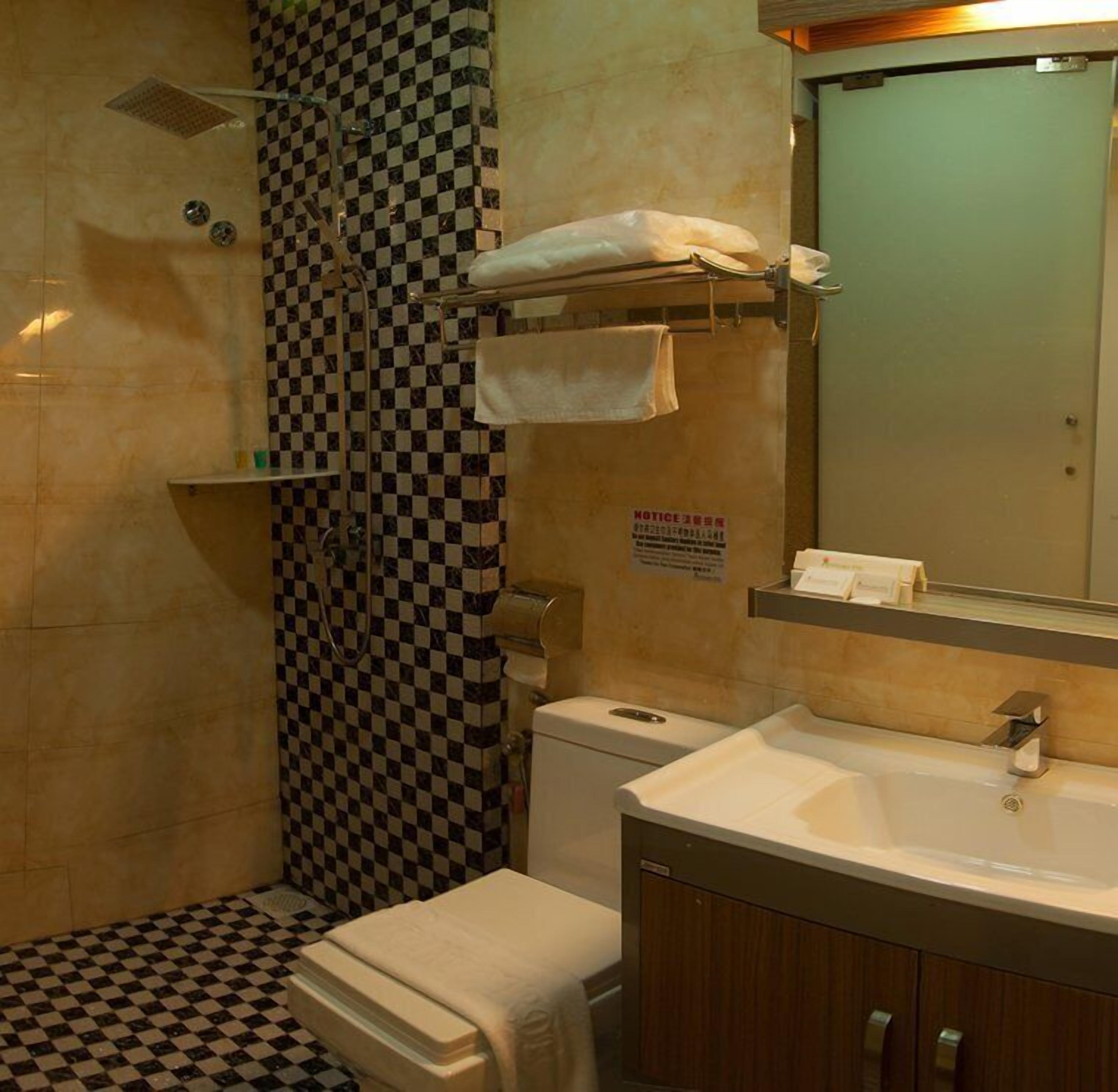 A bathroom with a checkered shower wall, a toilet, a sink, and a mirror.