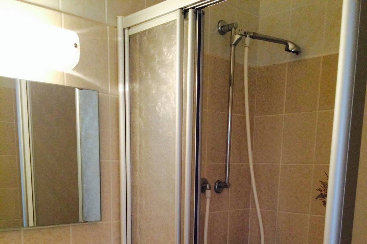 Shower, hair dryer, towels, toilet paper