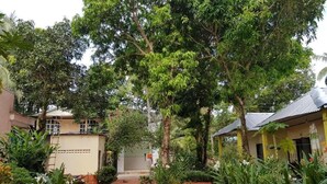 A courtyard with a brick pathway, surrounded by lush greenery and trees. - Sunny Resort (Phu Quoc)