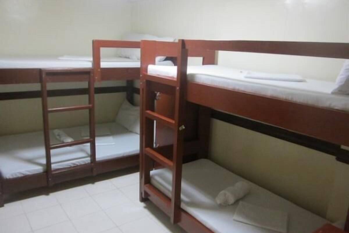 A dormitory room with bunk beds, a ladder, and a small shelf.