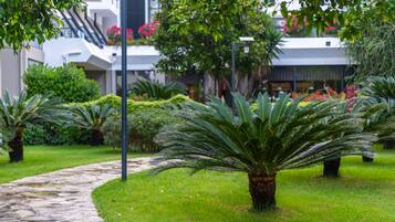 A pathway leading to a building with a modern design, surrounded by well-maintained greenery and palm trees.