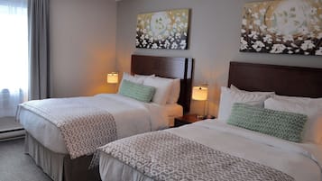 Individually decorated, desk, blackout curtains, iron/ironing board