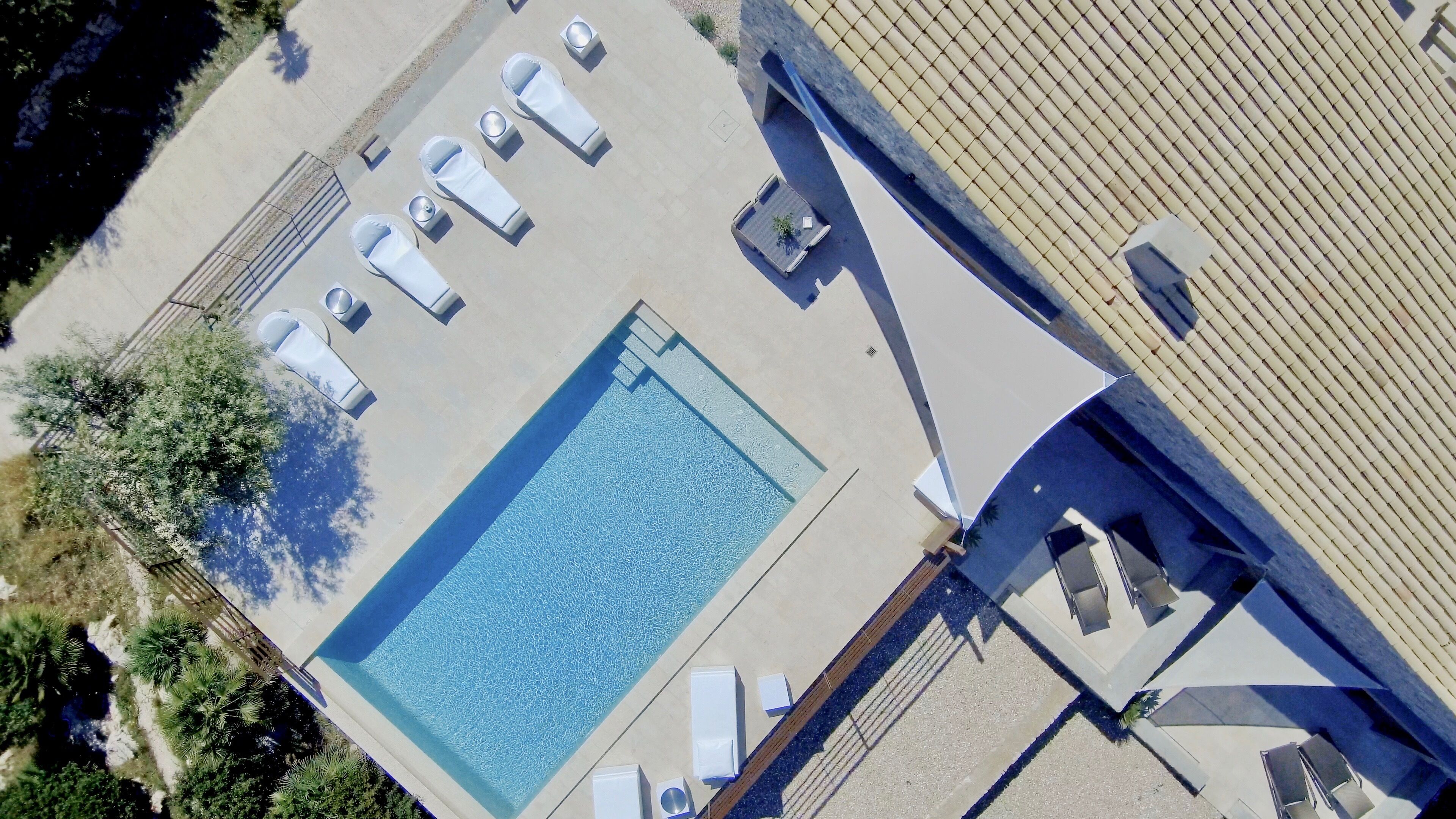 An aerial view of a swimming pool area with sun loungers and a small table with a plant.
