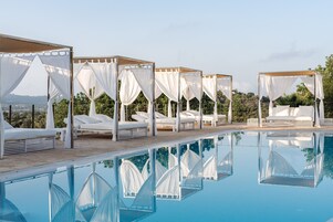 Outdoor pool, pool umbrellas, pool loungers