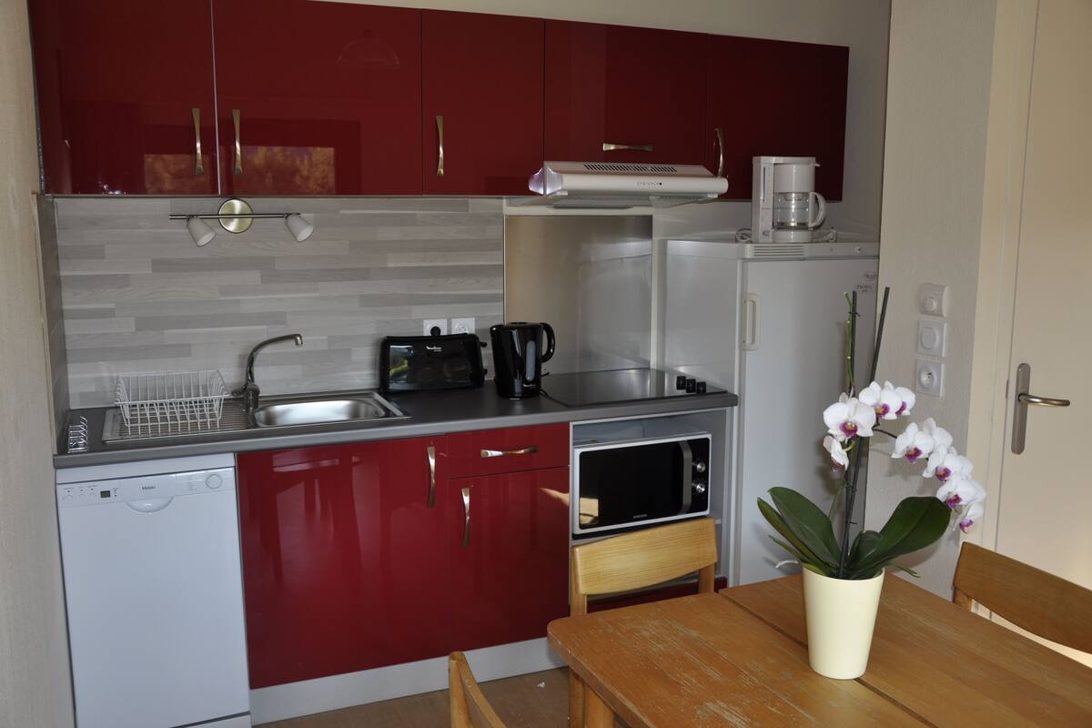 A compact kitchen with red cabinets, a dishwasher, a microwave, and a coffee maker.