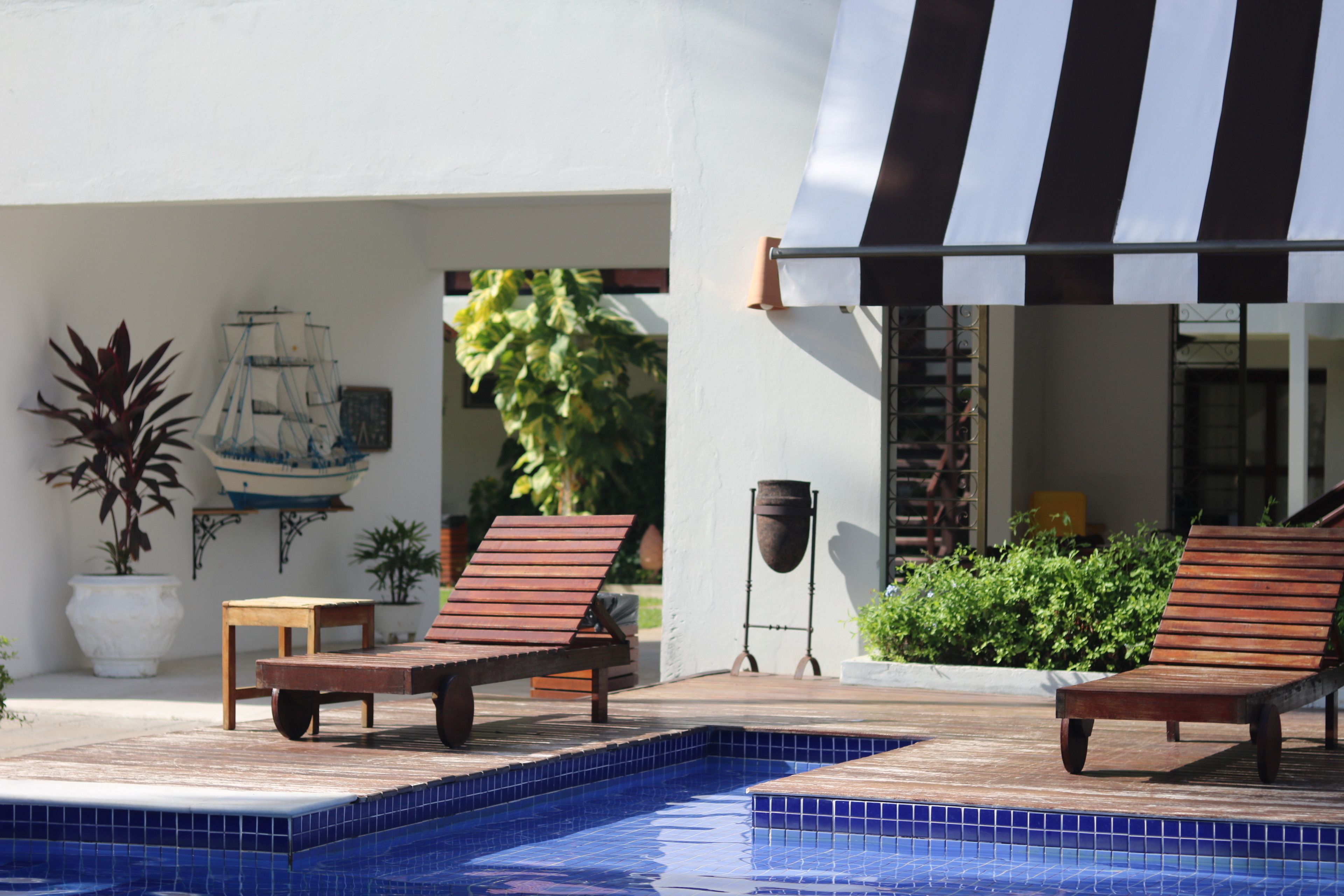 outdoor pool, pool loungers