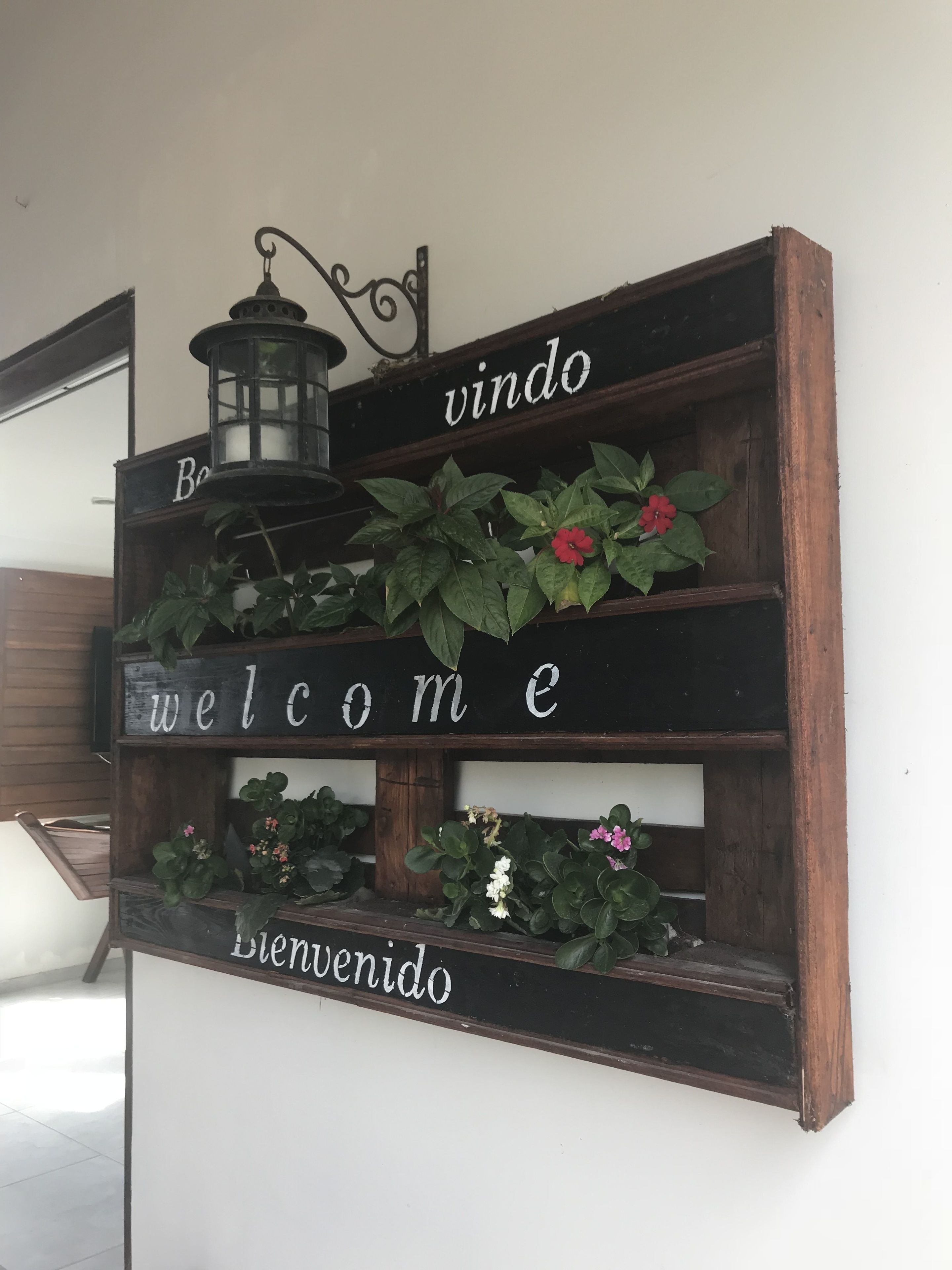 En välkomstskylt i trä med orden ”välkommen” och ”bienvenido” skrivna på den, dekorerad med krukväxter och en lykta.