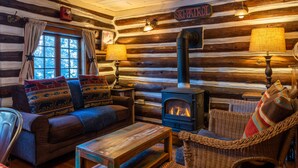 A log cabin interior with a fireplace, a sofa with patterned cushions, and a wicker chair. - Pioneer Guest Cabins (Crested Butte)