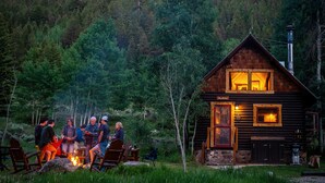 A log cabin with a fireplace, surrounded by a forest. - Pioneer Guest Cabins (Crested Butte)