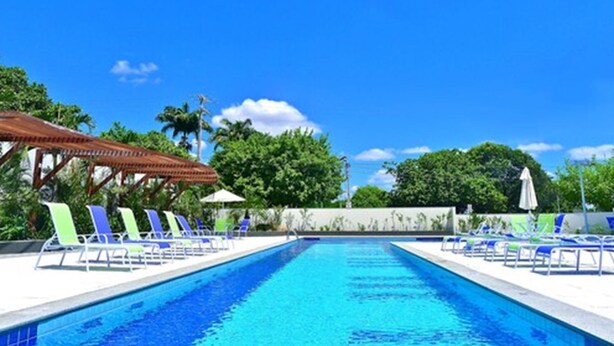 Une piscine entourée de verdure, avec des chaises longues et des parasols.