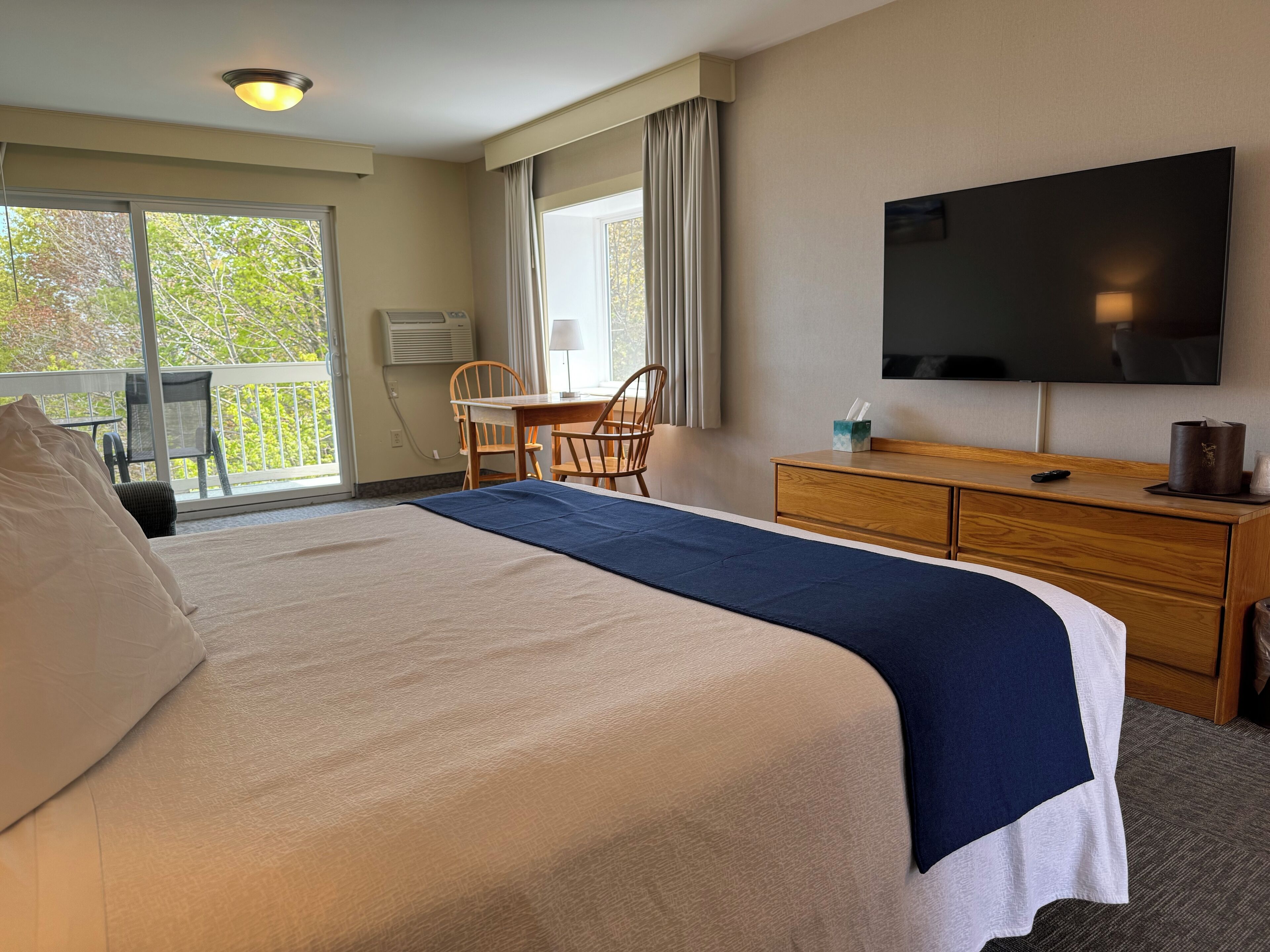 A hotel room with a bed, a desk, a chair, a television, and a view of the outdoors.