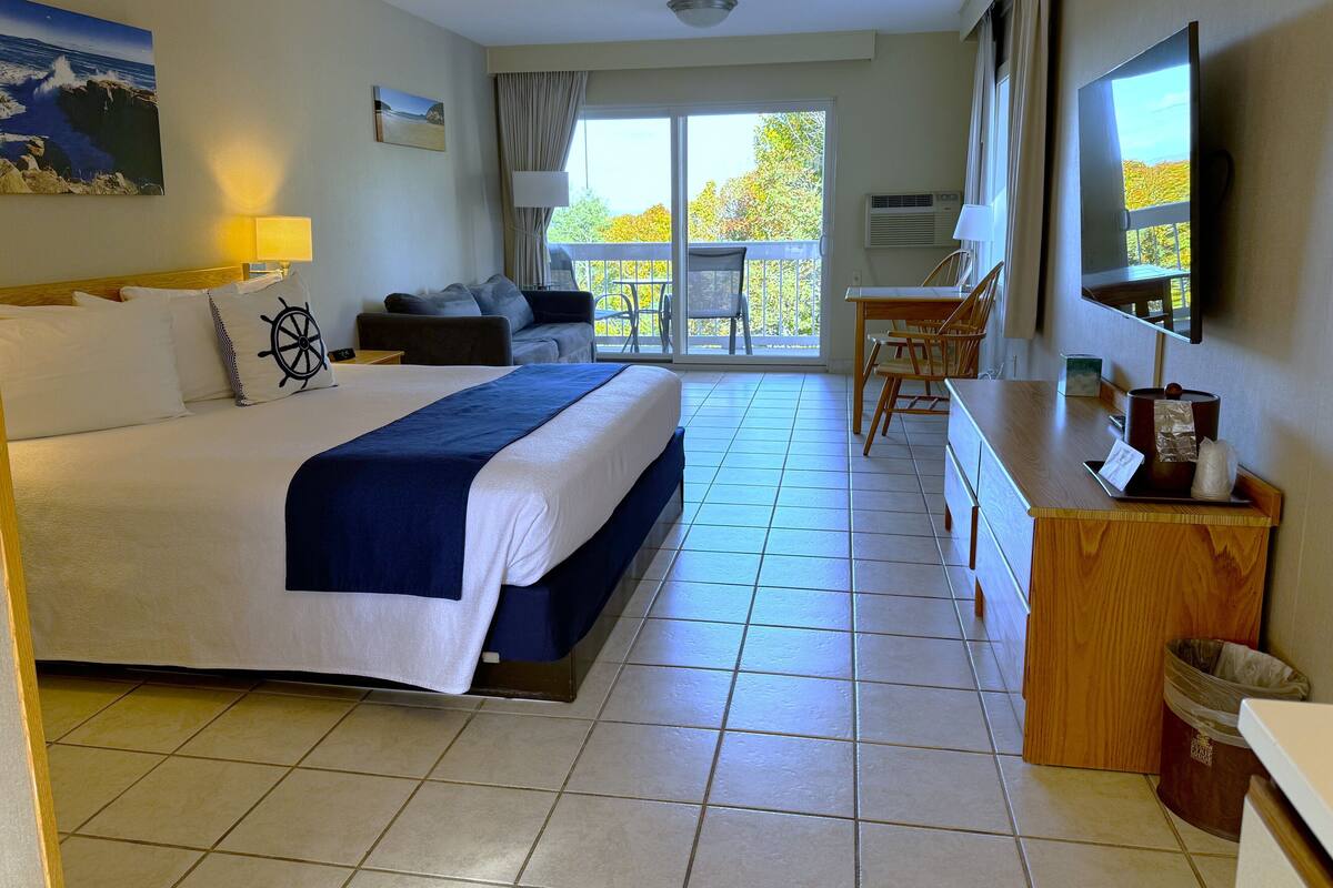 Quarto de hotel com cama, escrivaninha, cadeira, televisão e varanda com vista para árvores.