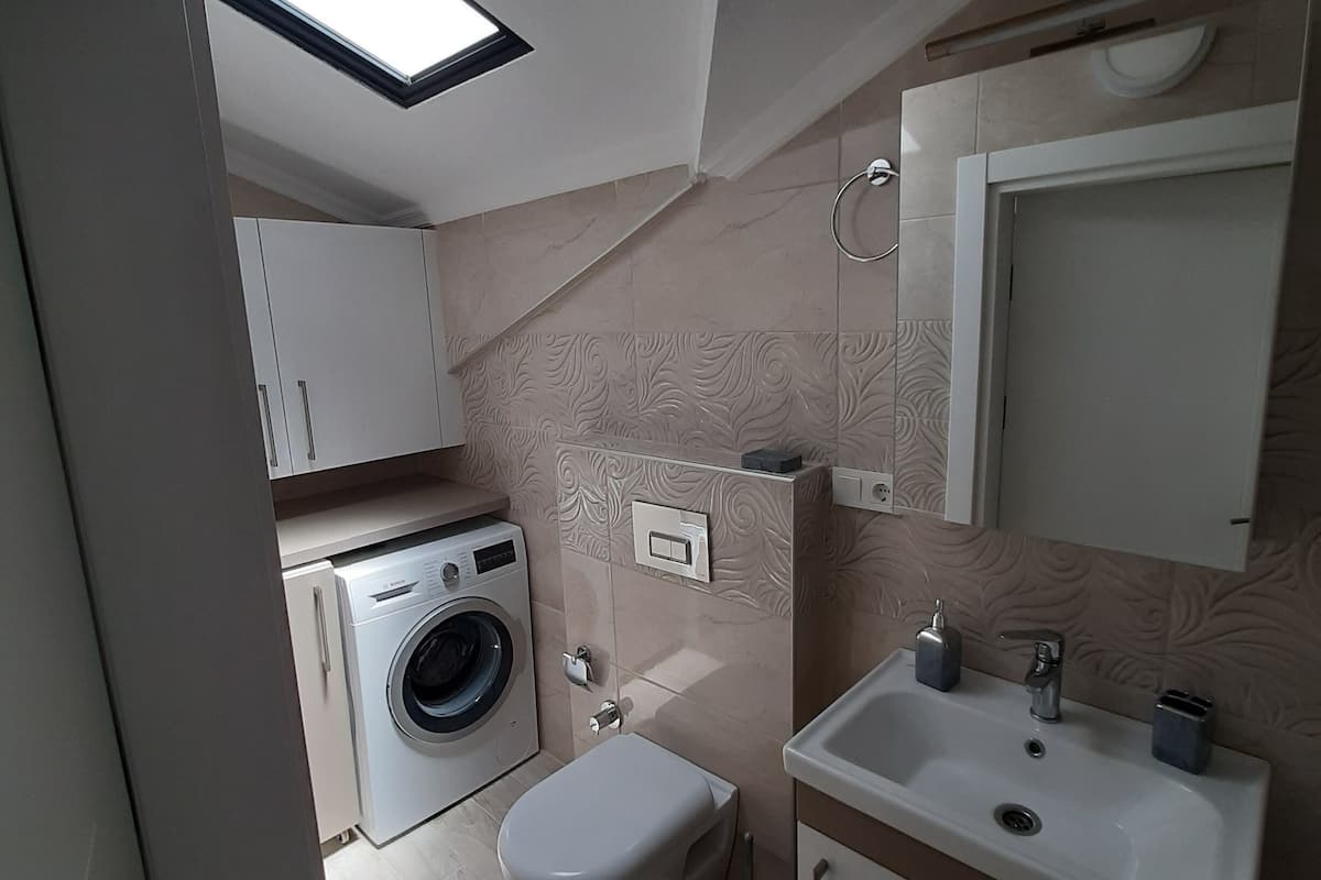 family duplex | bathroom | hair dryer, slippers, towels, soap