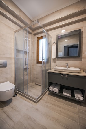 Hair dryer, slippers, towels, soap