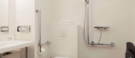 A modern bathroom with a white toilet, a sink, and a shower with a handheld showerhead.