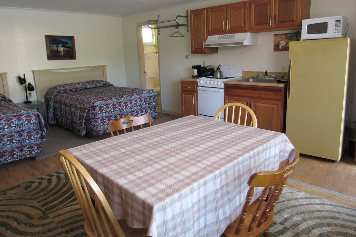 A compact room with a bed, a table with chairs, a kitchenette with a stove, microwave, and refrigerator.