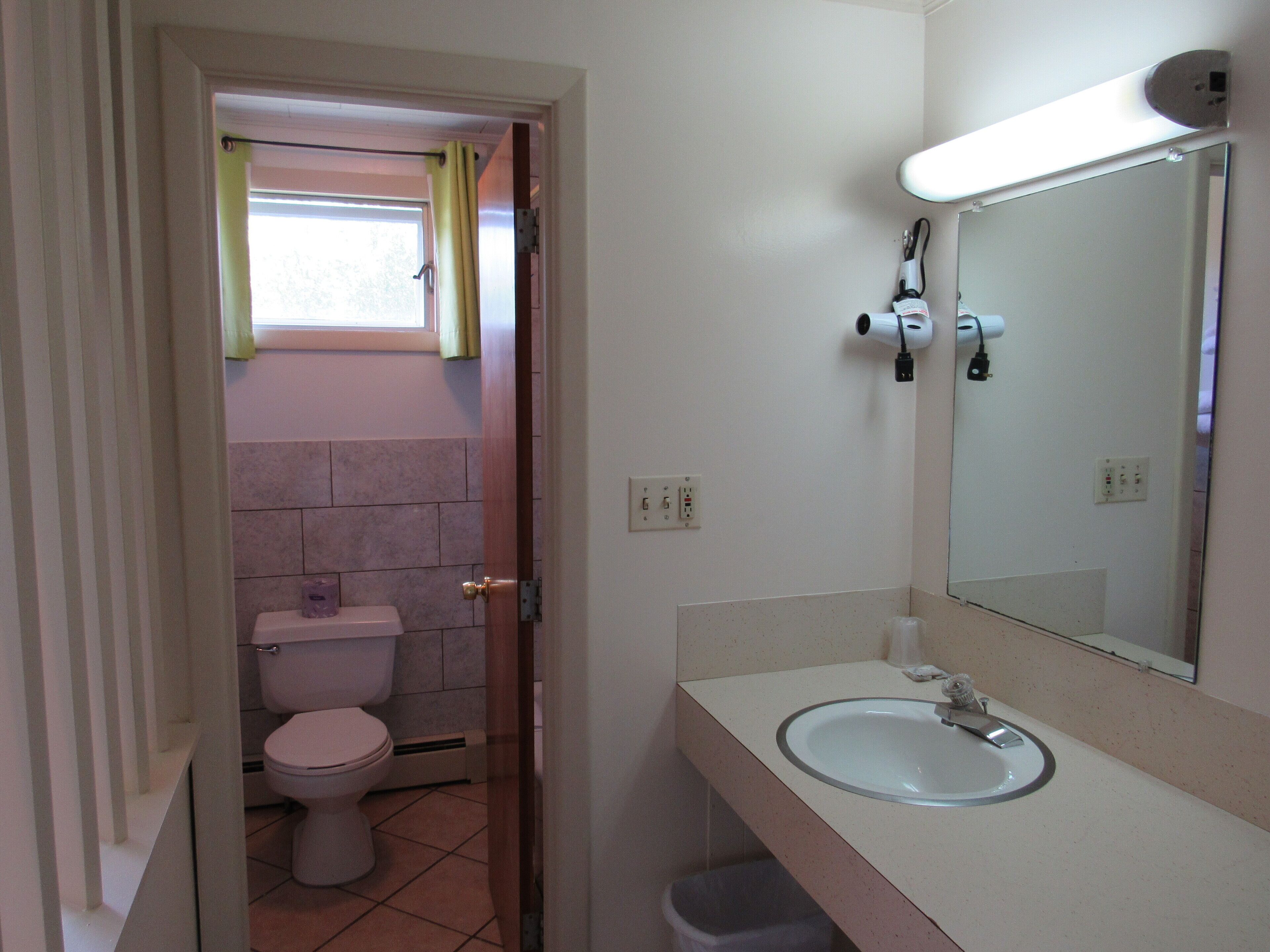A bathroom with a toilet, sink, and mirror.