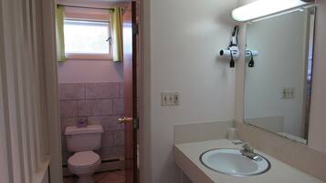 A bathroom with a toilet, sink, and mirror.