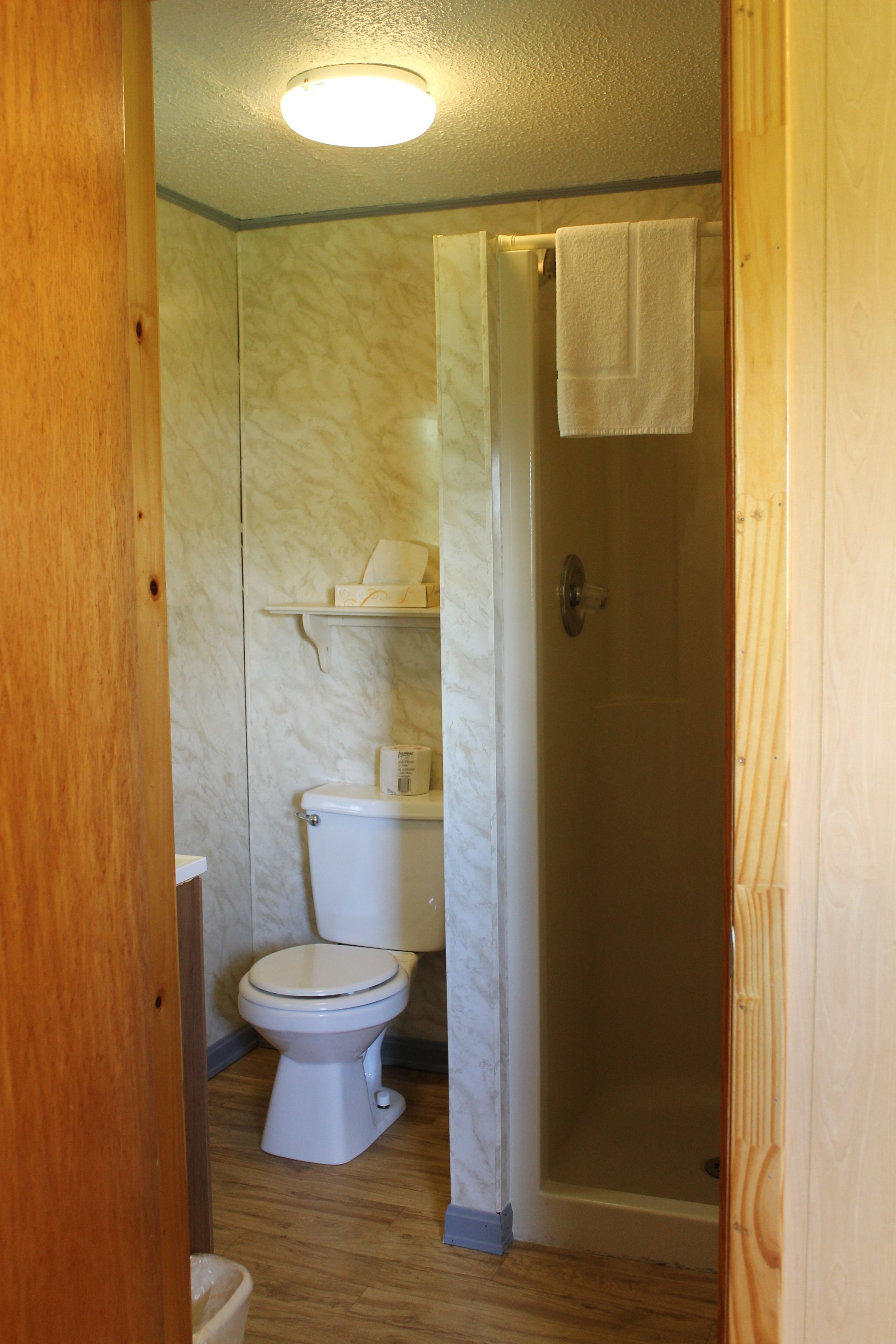 Un bagno con il water, una doccia e uno scaffale con articoli da toilette.