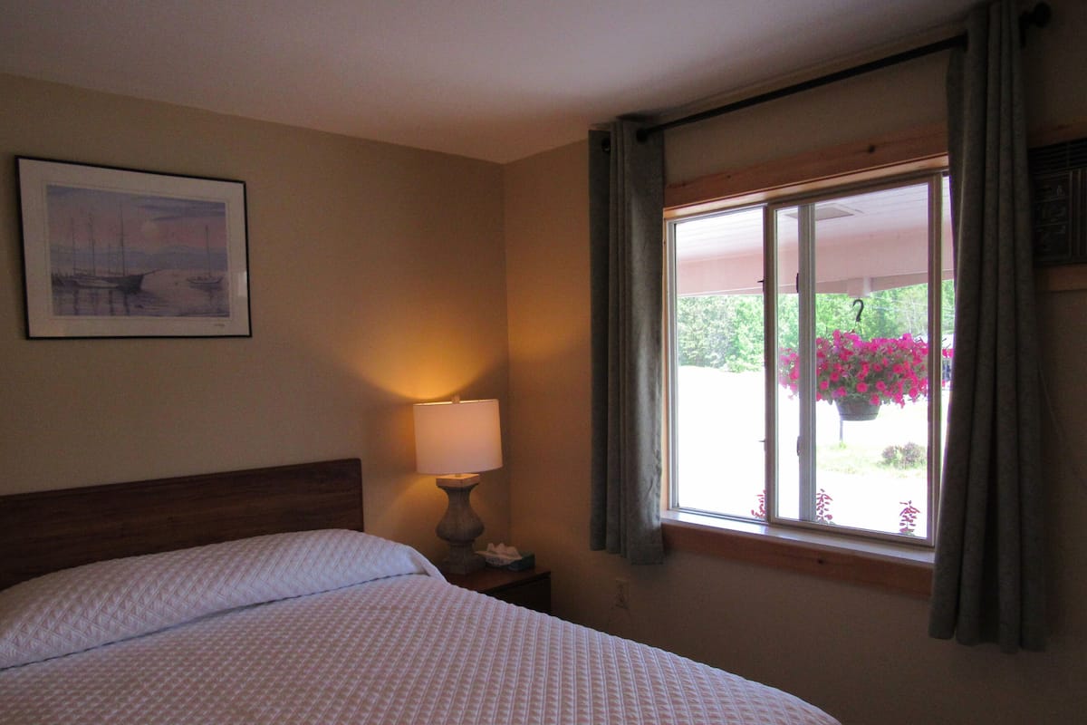 A hotel room with a bed, a bedside lamp, a window with curtains, and a framed picture on the wall.