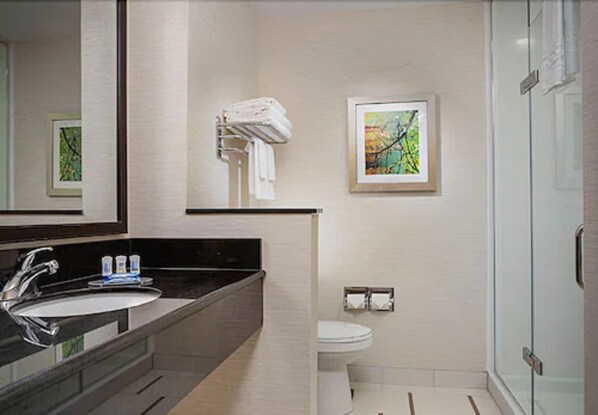 A modern bathroom with a black countertop sink, a toilet, a glass shower enclosure, and two framed artworks on the wall.