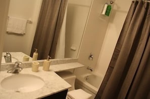 Combined shower/bathtub, free toiletries, hair dryer, bathrobes