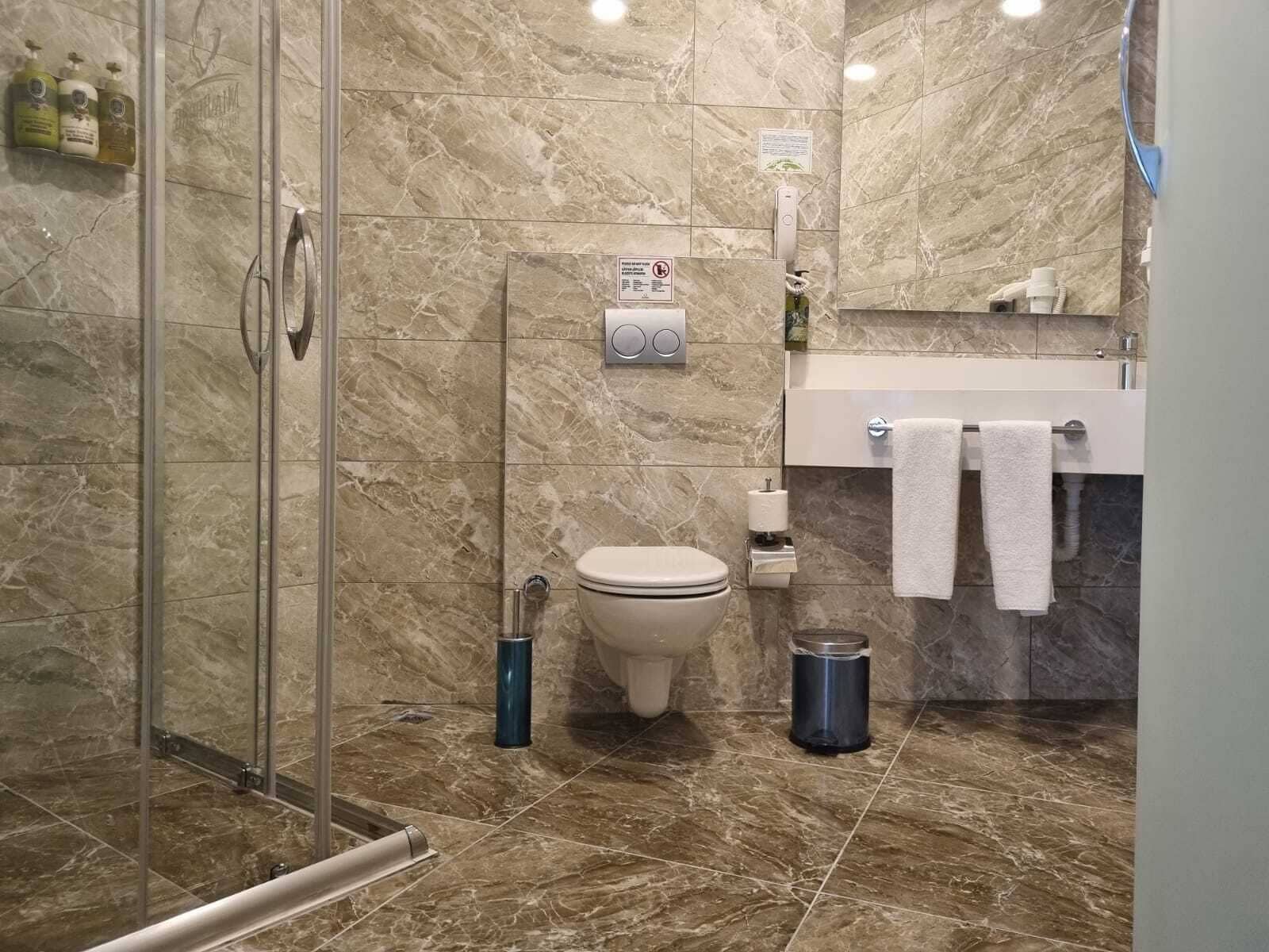 A bathroom with a glass shower enclosure, a toilet, a sink with a mirror, and two towels hanging on a rack.