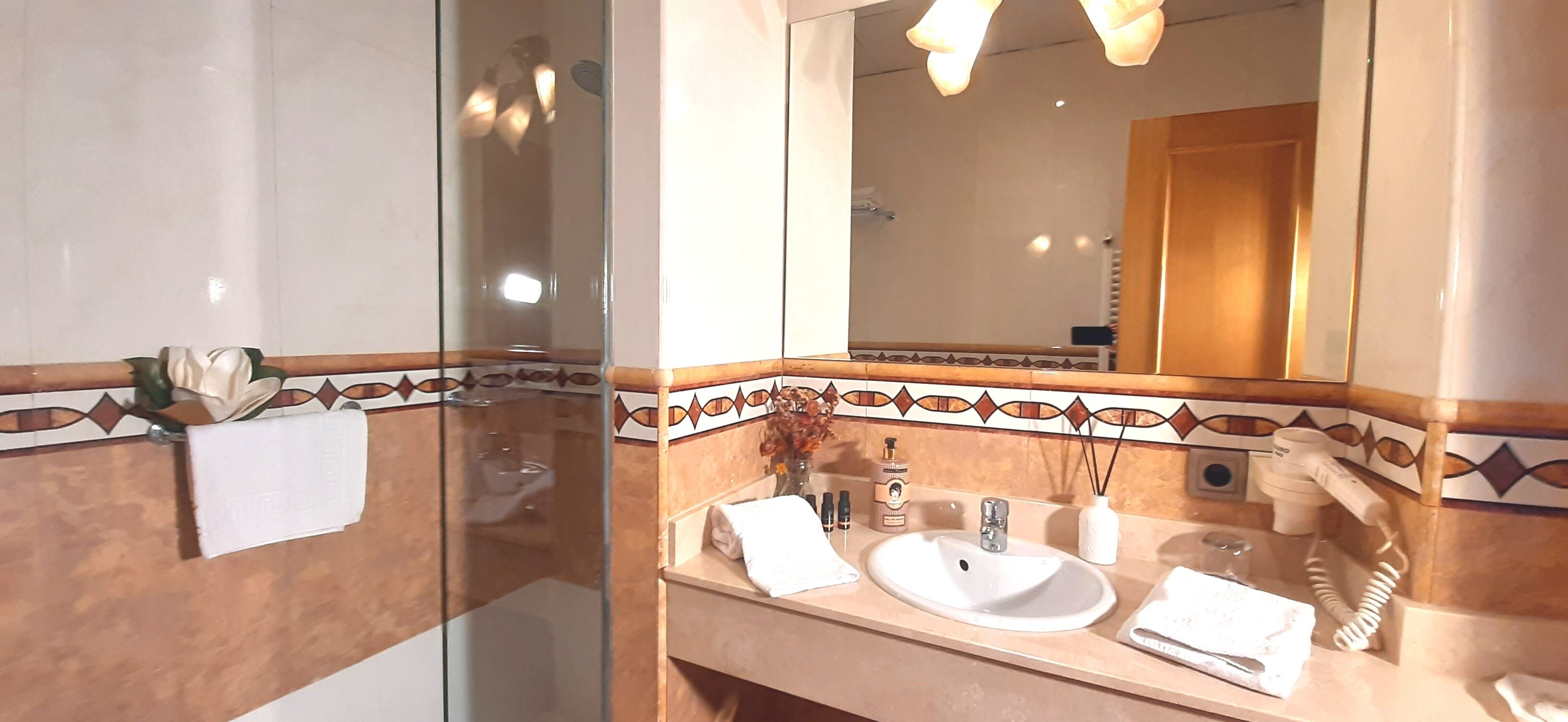 free toiletries, hair dryer, bidet, towels