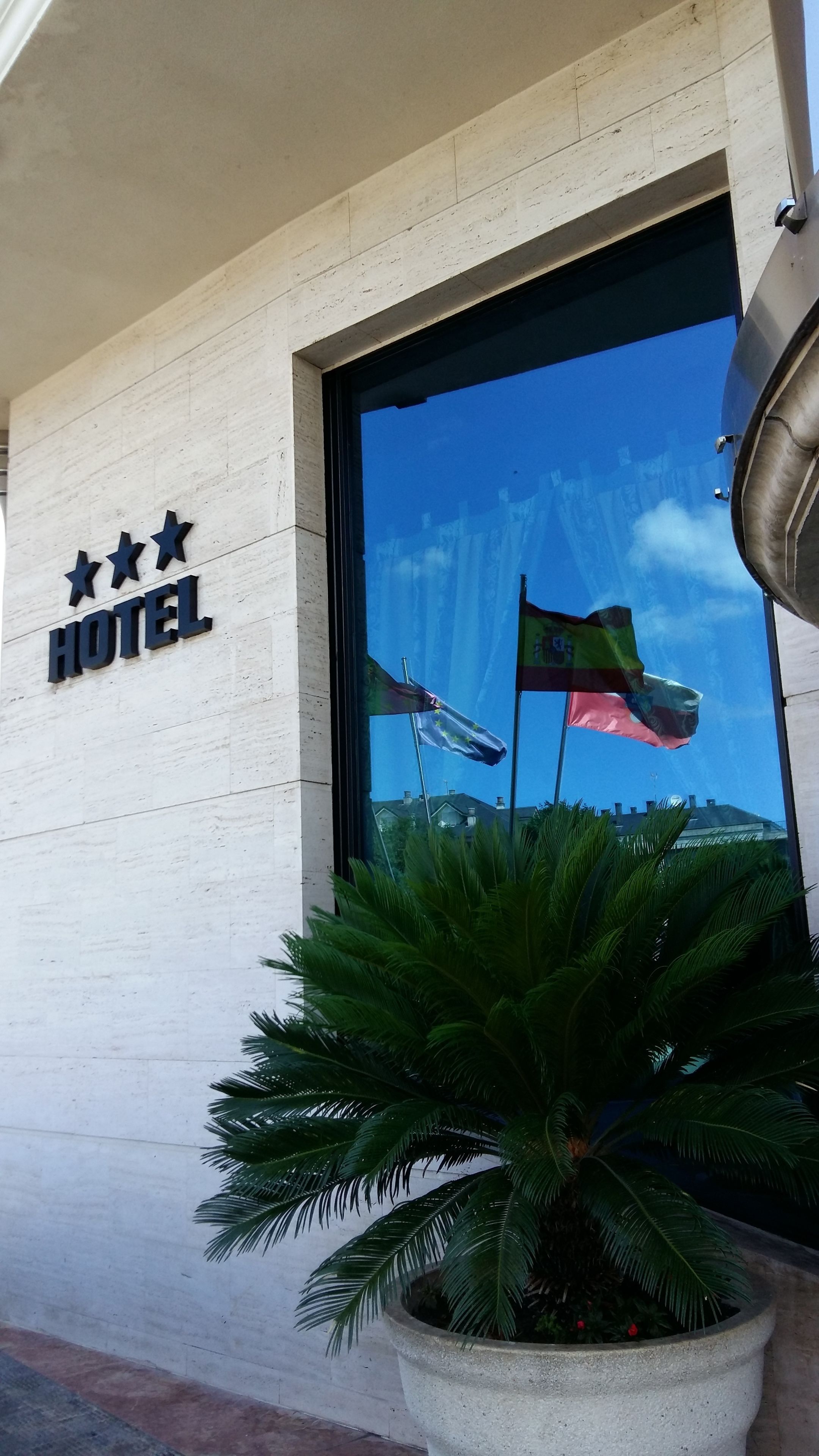 Entrada de un hotel con un cartel que indica tres estrellas, una planta en maceta grande y banderas afuera.