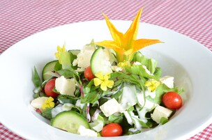 Un plato blanco con ensalada sobre un mantel a cuadros rojo y blanco.