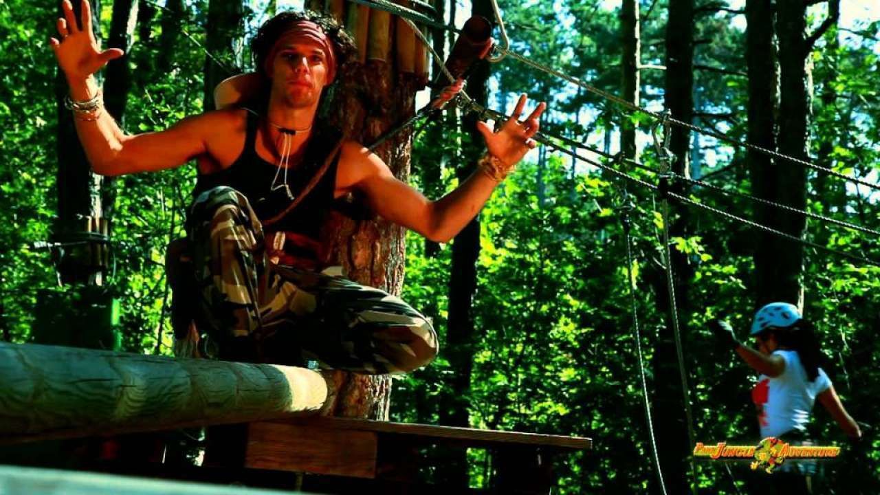 A person on a rope bridge in a forested area.