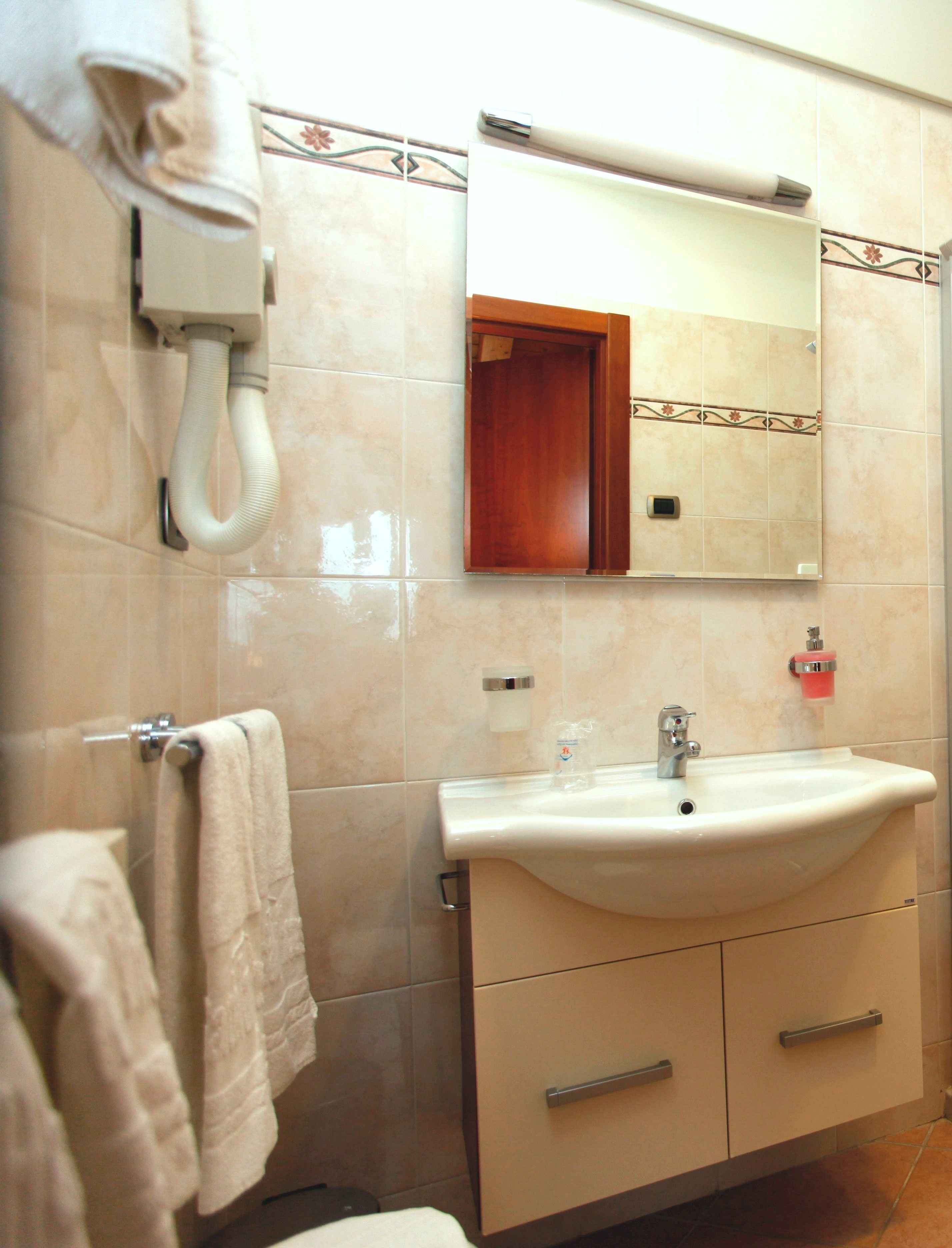 Une salle de bain équipée d’un lavabo, d’un miroir, d’un porte-serviettes et d’une pomme de douche.
