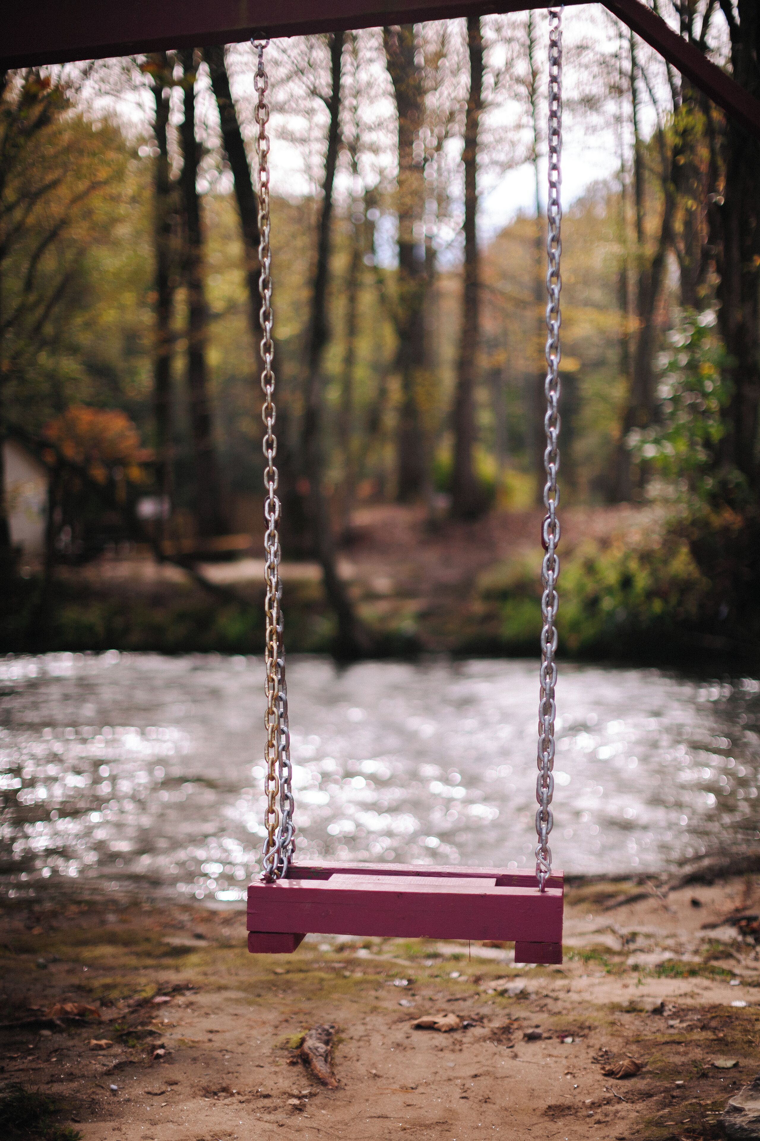 A swing set with metal chains and a wooden seat, located near a body of water with trees in the background.