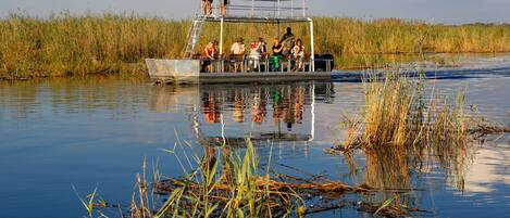 A boat with a metal deck and railings, surrounded by calm water and tall grasses.