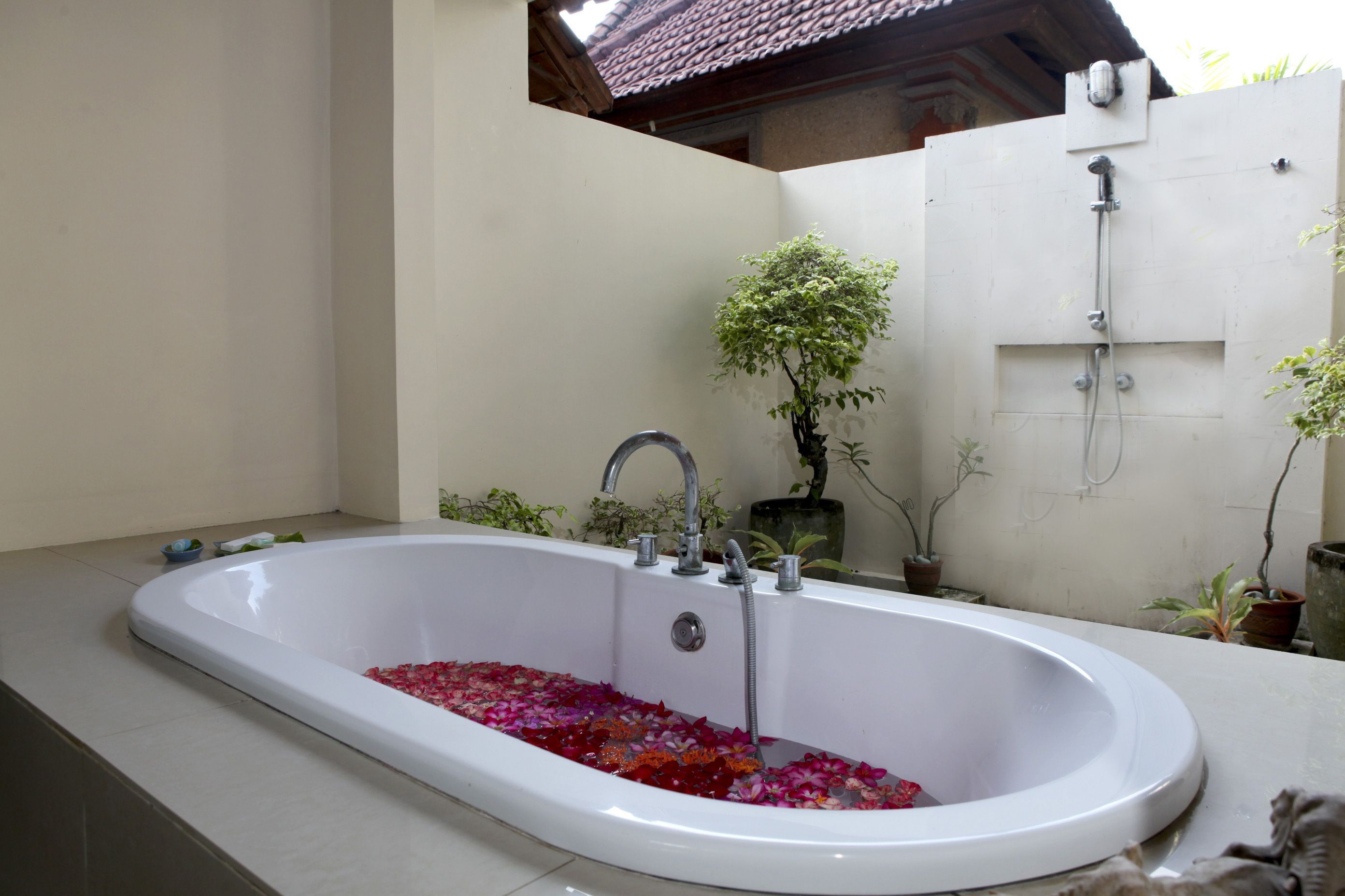 A bathroom with a bathtub filled with rose petals, a shower, and several potted plants.