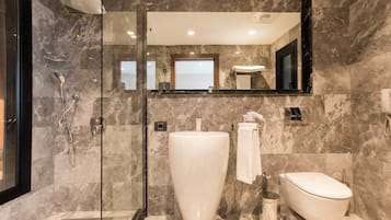 Un baño moderno con un lavamanos grande de mármol, ducha con mampara de vidrio y un inodoro.