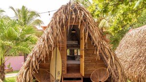 A thatched-roof hut with a wooden interior, a surfboard, and two wicker chairs.