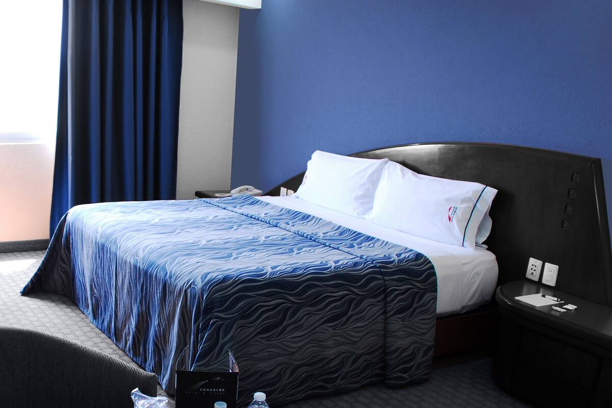 A hotel room with a bed, a desk, a chair, a nightstand, and a small table with a plant and a bottle.