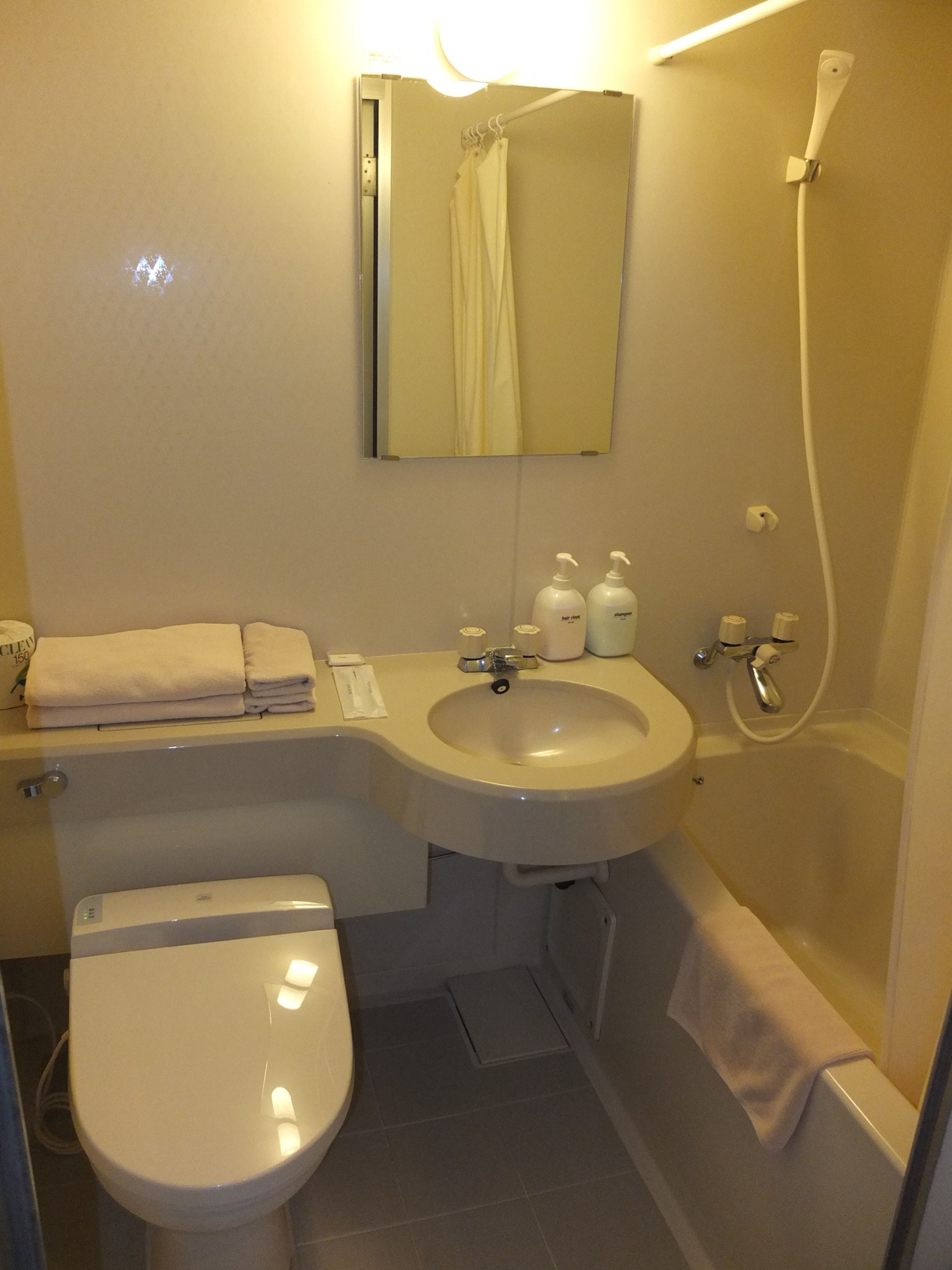 combined shower/bathtub, free toiletries, hair dryer, slippers