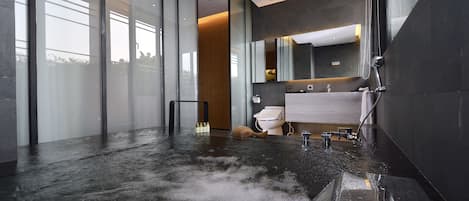 Tina y regadera independientes, secadora de cabello, pantuflas, toallas