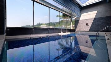 An indoor swimming pool with clear glass walls, a view of palm trees, and a modern architectural design.