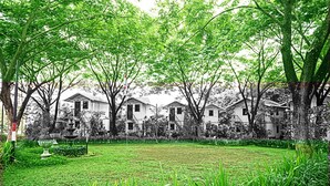 A row of white houses with a grassy yard and trees. - Royal Caravan Hotel Trawas (Trawas)