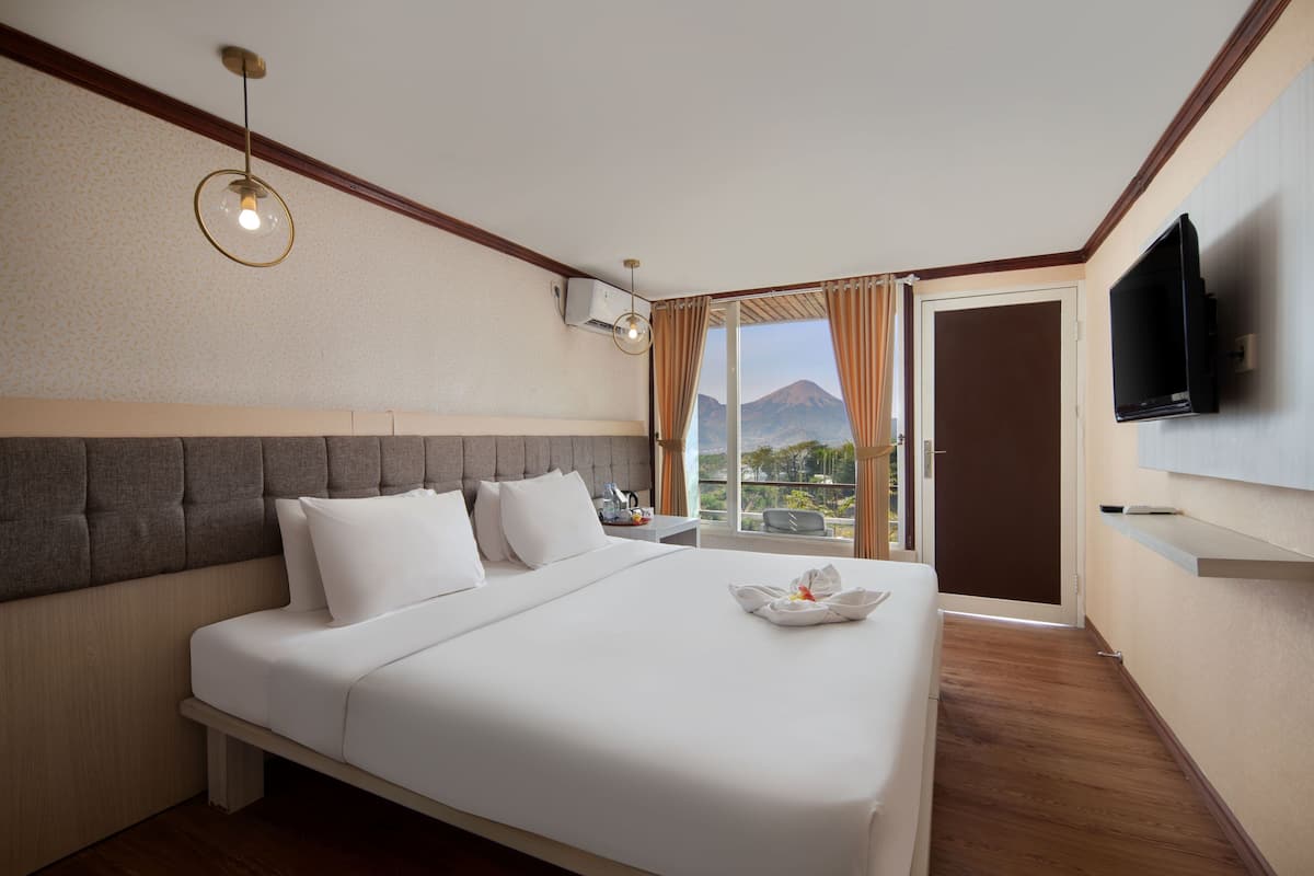 A hotel room with a large bed, a television on the wall, and a view of a mountain through the window.