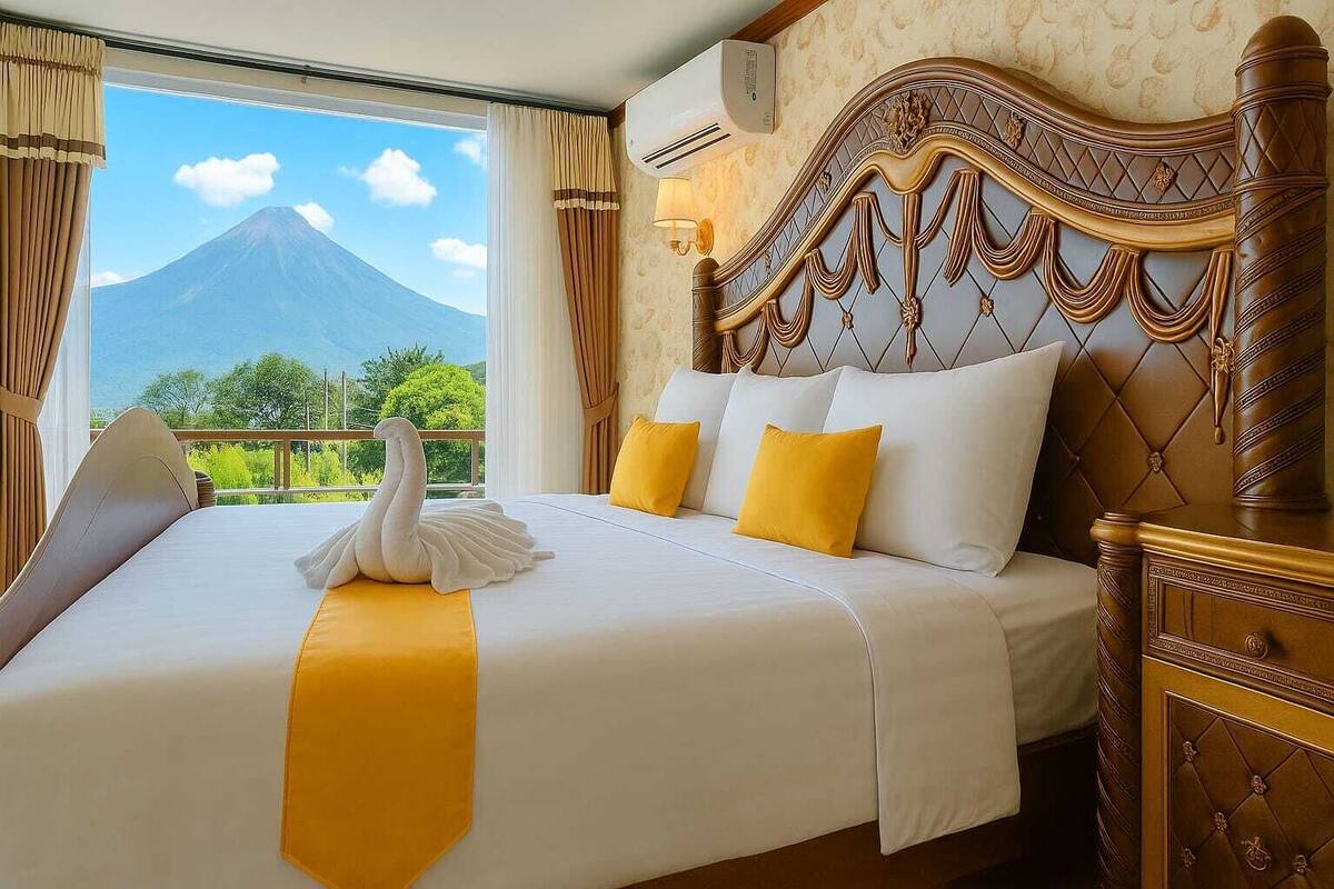 A hotel room with a bed, a swan decoration, and a view of a mountain.