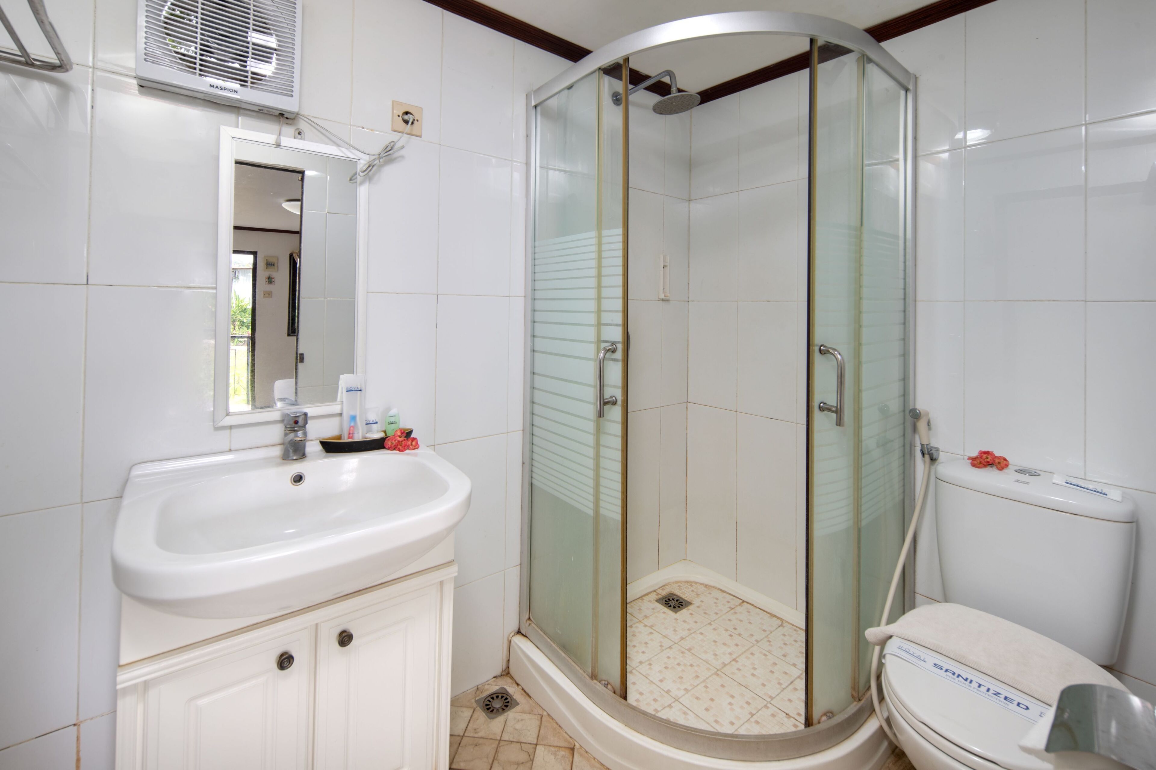 Ein Badezimmer mit Duschkabine, Waschbecken mit Spiegel und Toilette.