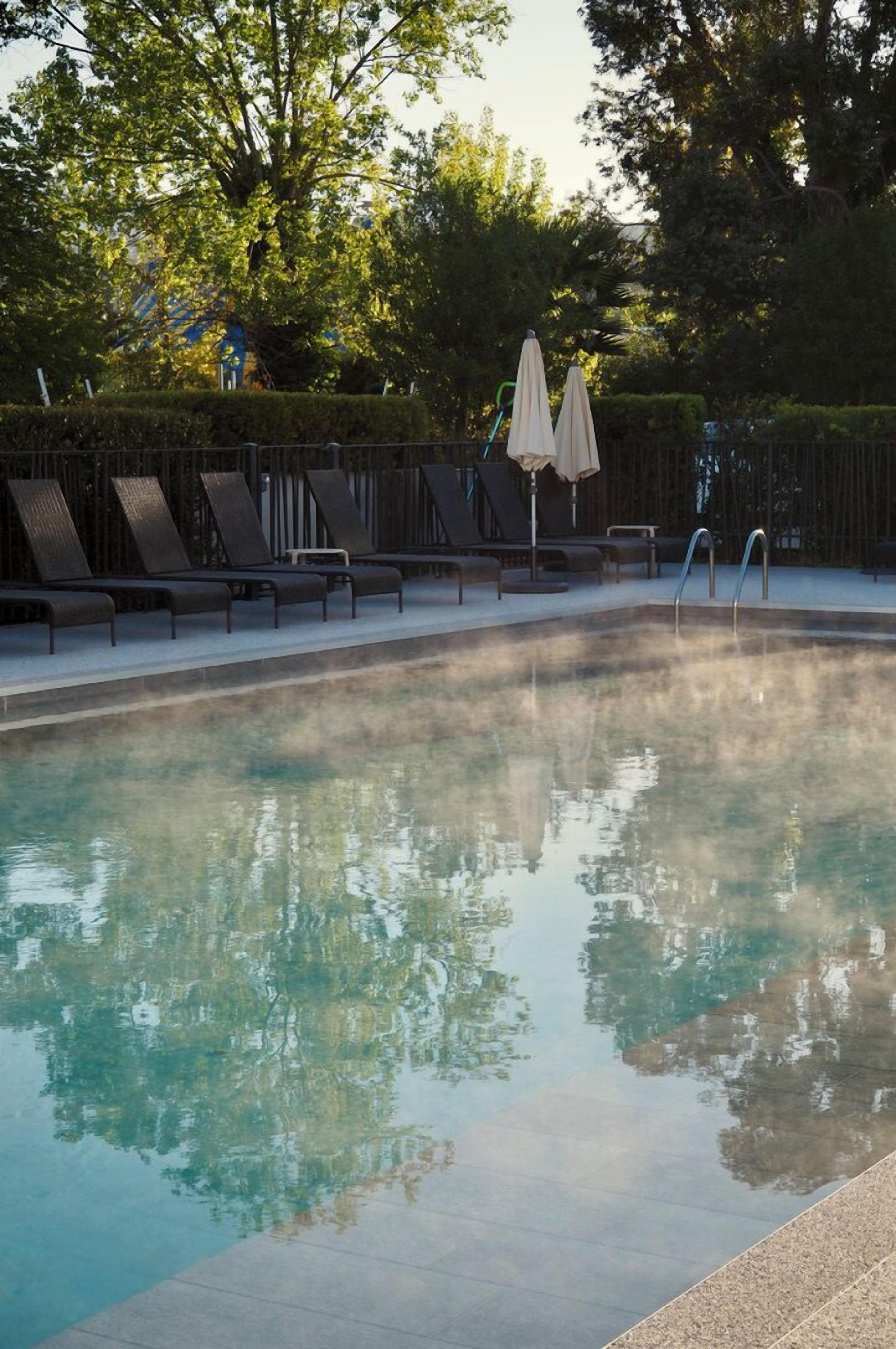 Piscina con sillas de descanso y sombrillas, rodeada de árboles.